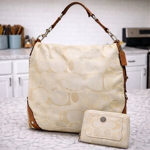 Coach Large Carly Cream Signature Hobo w/Tan Leather Y2K Bag & matching wallet
